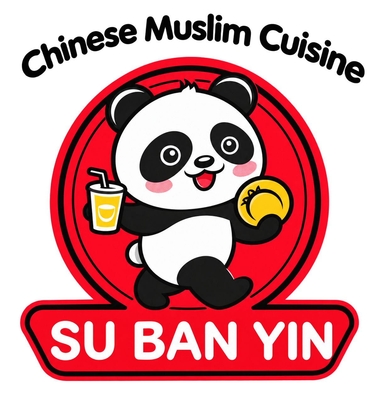 SU BAN YIN panda holding a drink and a patty